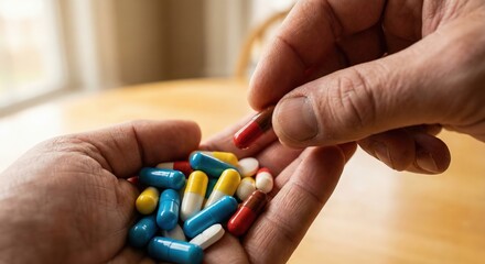 Close-up of a young Southeast Asian woman's hands holding a variety of colorful medicine pills and capsules indoors during the day, healthcare concept of daily medication and vitamin management.