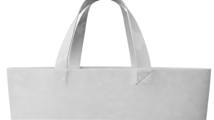 Close-up of a white textured tote bag with glossy handles