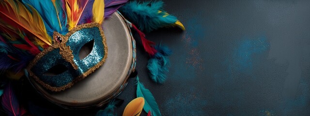 A colorful mask with feathers and glitter on a dark background