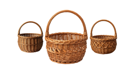 Three brown wicker baskets isolated on transparent background