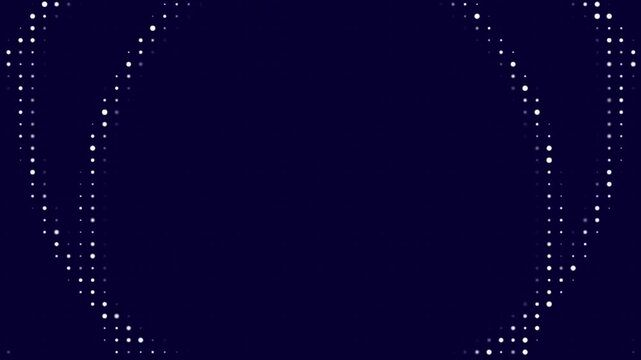 Monochrome Halftone Borromean Rings Loop. Abstract animation of three interconnected circles made of white glowing dots on a dark blue background. Seamless and elegant motion graphic