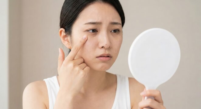 Concerned Young East Asian Woman Looking in Mirror at Dark Circles Under Eyes, Tired Southeast Asian Girl with Exhaustion and Skin Care Problems Indoors, Concept of Sleep Deprivation and Fatigue