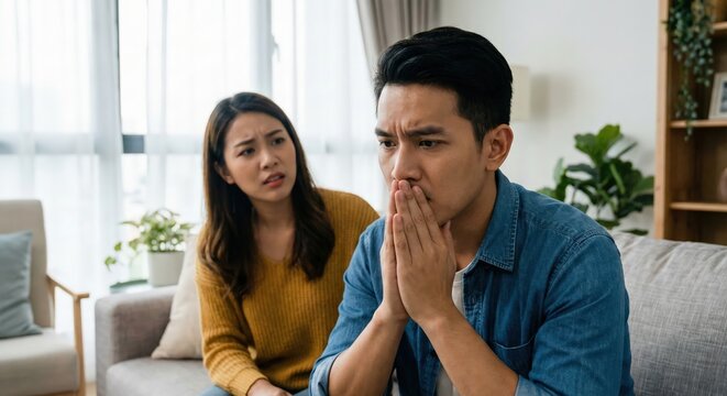 Unhappy Southeast Asian couple having relationship problems at home, stressed young man and woman sitting on sofa after argument in modern living room, concept of conflict and divorce.