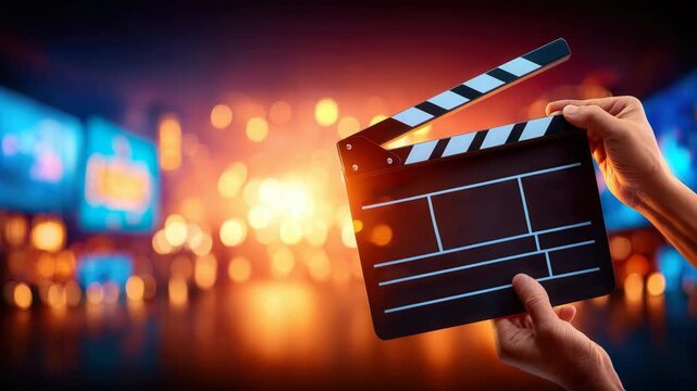 Hands holding a clapperboard in front of a vibrant city lights background at dusk