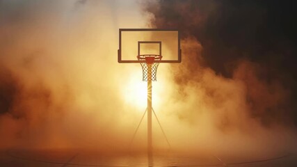 Basketball hoop in fog at night during a game