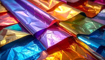Close-up of rolled shiny, iridescent paper sheets in vibrant shades
