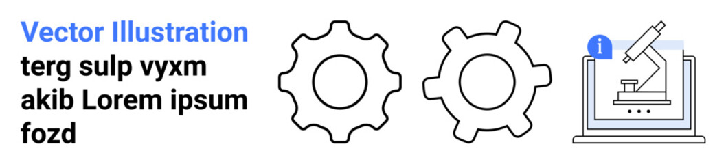 Obraz premium Innovation, technology, research, automation, science, mechanical processes. Two outlined gears and a microscope on a computer screen. Innovation and technology concept