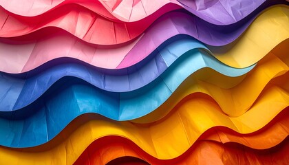 Wavy layers of vibrant colored paper form an abstract design with a rainbow-like effect