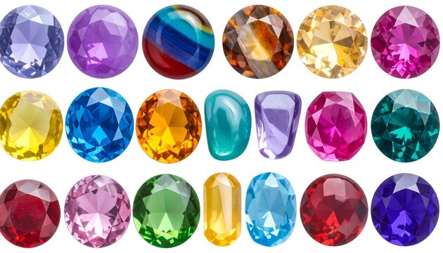 Colorful gemstones of varied shapes, arranged in rows on a white background