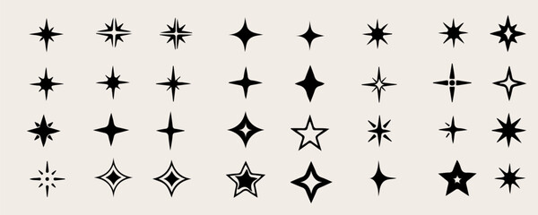 Star sparkle icon set collection with various abstract starburst shapes in black silhouette style, modern minimal vector symbols for decoration, logo design, UI elements, magical effects, branding