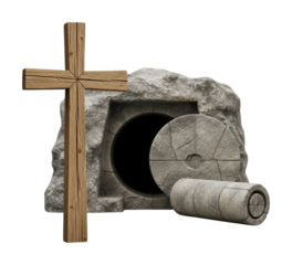 Resurrection scene empty tomb with cross historical isolated on transparent background
