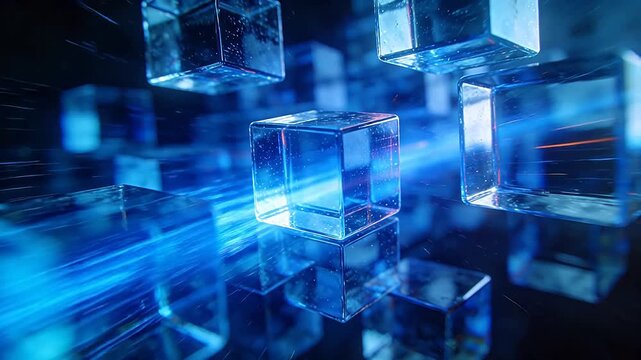 Floating transparent cubes with blue and red light refraction effects