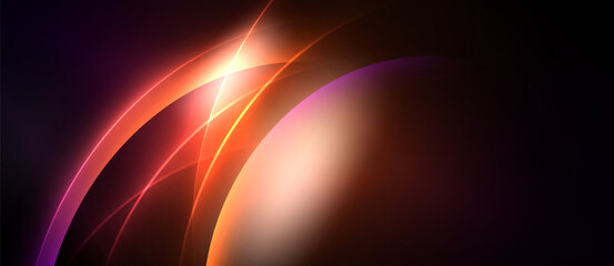 Abstract design features curved lines, vibrant colors, glowing light. Dark background emphasizes bright orange, purple hues. Modern, dynamic composition.