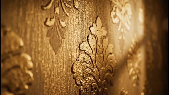 Warm Golden Damask Wallpaper Texture with Ornate Floral Pattern Closeup Lighting.