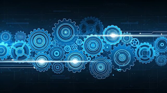 Digital Gears Interlocking and Rotating in a Seamless Loop, Representing Technology and Innovation.