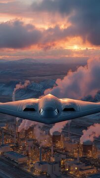 B-2 Spirit Bomber Flying Over Industrial Landscape at Dusk, Powerful Military Aircraft in Operational Environment