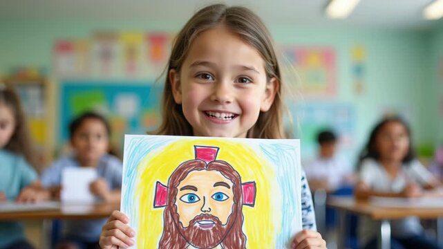 A happy young girl proudly shows her drawing of Jesus Christ in a classroom. A smiling elementary school student holds up her religious artwork. Childhood faith and creativity in religious education