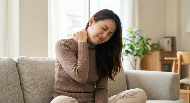 A stressed adult East Asian woman sitting on a sofa in a bright living room, clutching her neck in pain due to muscle strain or cervical spondylosis, experiencing physical discomfort and tension.
