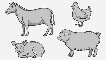 Obraz premium A grayscale depiction of a horse sheep chicken rabbit and pig in a simple silhouette