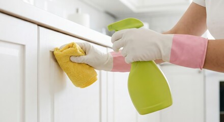 Close up of an adult woman cleaning a white kitchen cabinet with a yellow microfiber cloth and green spray bottle indoors, doing housework in a bright home, housekeeping concept.