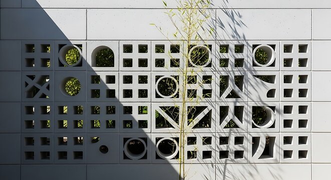 Geometric breezeway brick wall with bamboo plant and modern design