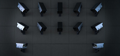 Security, CCTV, surveillance cameras on dark wall, total control background
