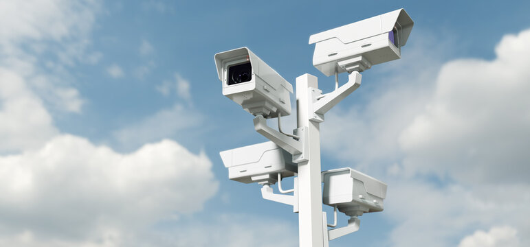 Street surveillance, security cameras on pole, total control concept background
