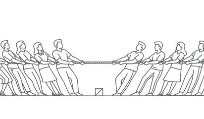 People in a tug of war competition with a rope on a plain background team sport