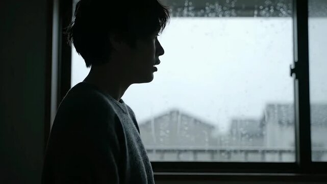 A somber silhouette of a person looking out a rain-streaked window, perhaps silently moaning with unspoken grief during a desolate, contemplative moment indoors