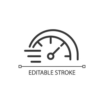 Speedometer pixel perfect linear icon. Miles per hour. Speed control. Acceleration indicator. Thin line illustration. Contour symbol. Vector outline drawing. Editable stroke. Arial font used