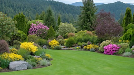 A lush green lawn with a stone border and a variety of flowers and shrubs