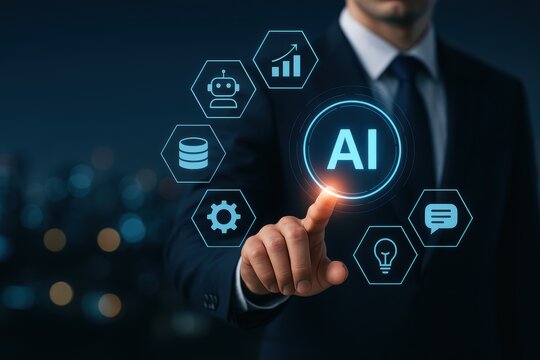 Futuristic Interface: A sophisticated man interacts with an AI-powered interface, symbolizing the synergy between technology and human ingenuity in the realm of innovation.