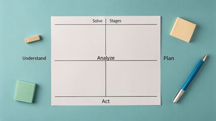 A clean, minimalist paper diagram showcasing a four-quadrant analysis framework with labeled sections for Solve, Stages, Analyze, and Act.