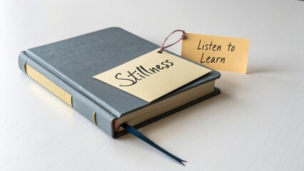 A closed book with 'Stillness' and 'Listen to Learn' tags, representing focused learning and quiet contemplation.