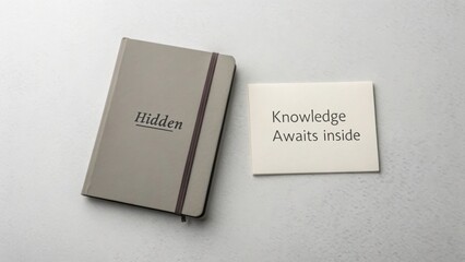 A closed grey notebook with 'Hidden' on the cover and a card stating 'Knowledge Awaits inside' on a minimalist tabletop