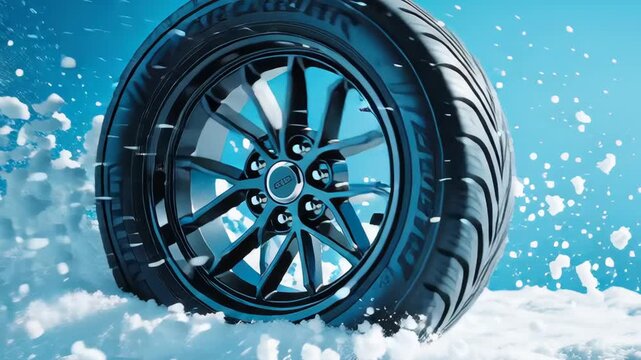 Winter tire on snow background showing tread design and wheel detail
