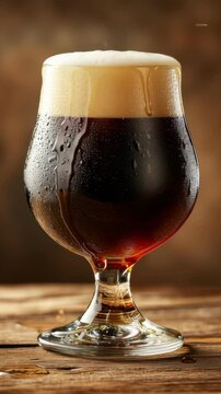 Enjoying a dark beer with foam at a bar in the evening