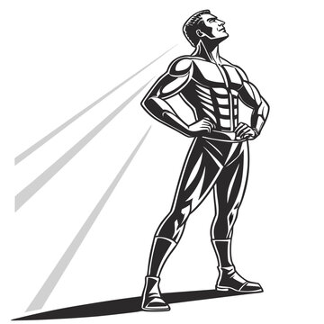 A dynamic illustration of a muscular man striking a heroic pose with radiating lines a strong silhouette
