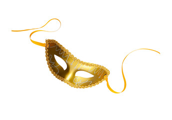 Gold masquerade mask with a yellow ribbon
