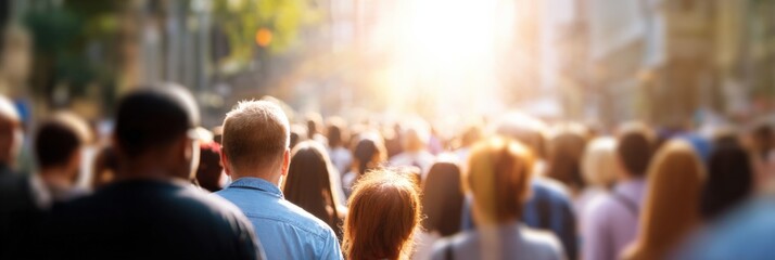Diverse crowd in sunlit urban street