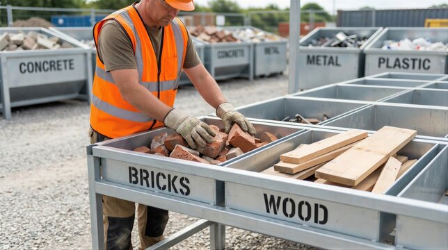 Adult Caucasian man sorting bricks and wood construction waste at recycling station. Waste management and disposal concept for circular economy.