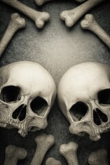 Two human skulls and bones composition on gray background