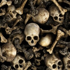 Aged human bones and skulls pile with varied colors and textures