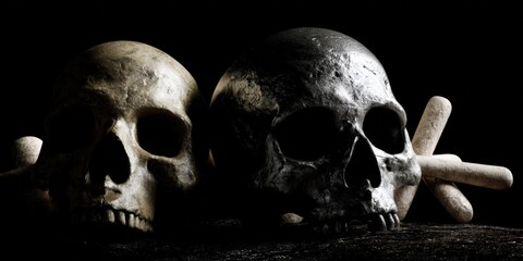 Dramatic lighting on human skulls and crossbones in dark setting