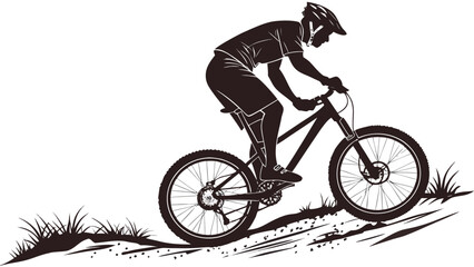 Obraz premium A dynamic illustration depicts a mountain biker in motion skillfully navigating a rugged terrain silhouette