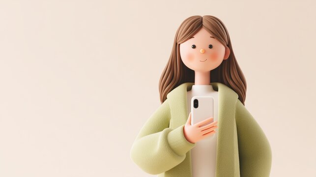 Cute 3d clay character woman holding a white smartphone on beige background.