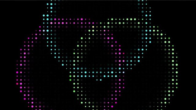 Colorful Halftone Trinity Rings Animation Loop. Three interconnected circles in cyan, magenta, and green glow and rotate. Abstract, vibrant motion graphic on black background