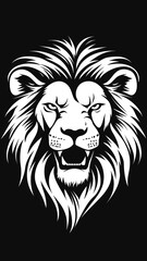 Fototapeta premium Fierce lion head vector logo with detailed mane and open mouth in black and white flat minimalist style for sports and tattoo design inspiration