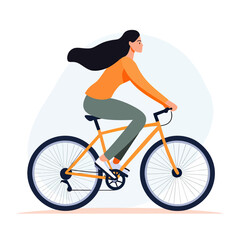 Fototapeta premium Young woman riding orange bicycle casual clothing side view minimalistic flat vector illustration with long hair and relaxed posture outdoor activity concept