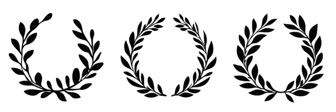 Set of three black laurel wreath silhouettes with varied leaf shapes arranged in circular minimalist flat vector style design for award and victory symbols